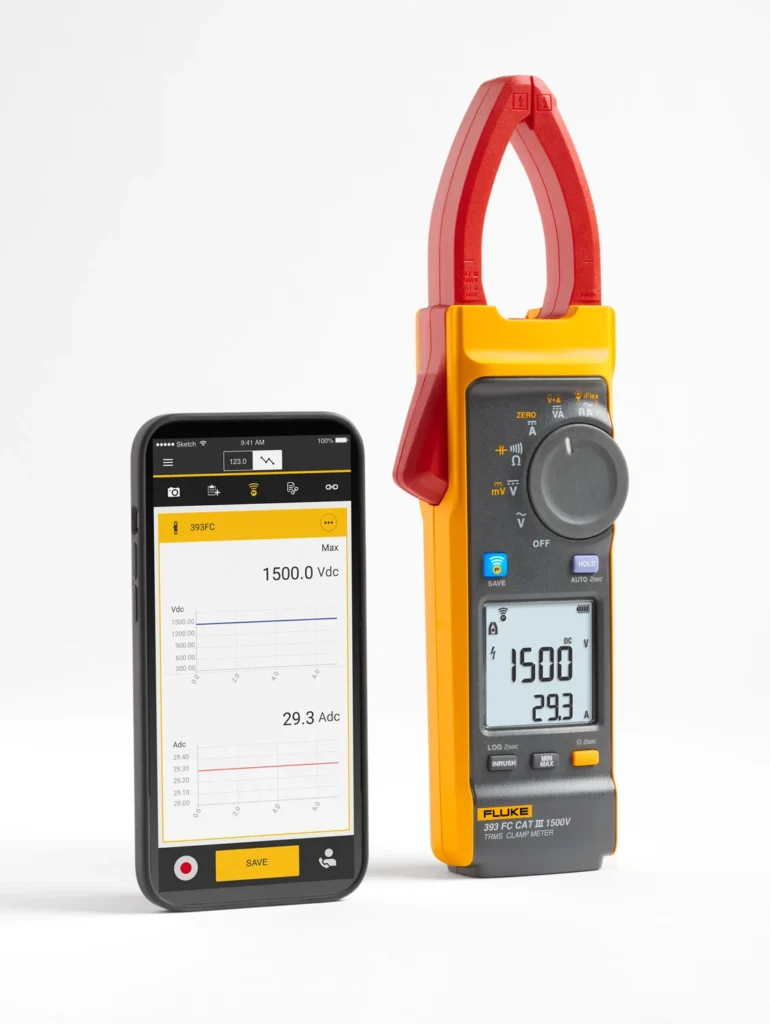 Hình ảnh đồng hồ kẹp dòng Fluke 393 FC CAT III 1500 V TRMS và giao diện ứng dụng di động